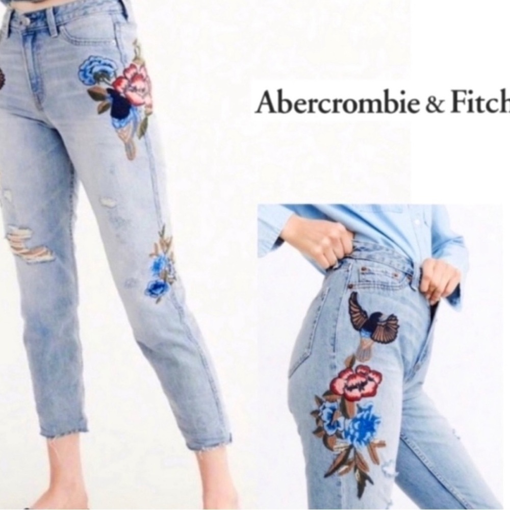 ABERCROMBIE Embroidered Girlfriend Jeans size 24 Raw Hem Distressed